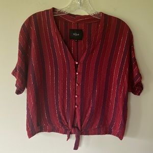 Rails button front, tie bottom, metallic thread, red stripe blouse size XXS EUC